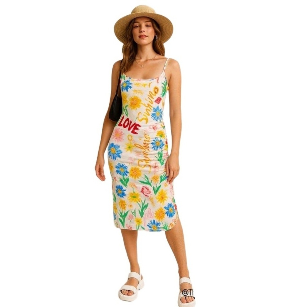 Jolie & Joy Dress Womans Medium Graffiti Midi Bodycon Floral Ruched Colorful